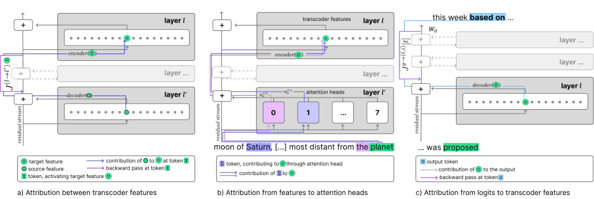 Transcoder attribution의 세 경로